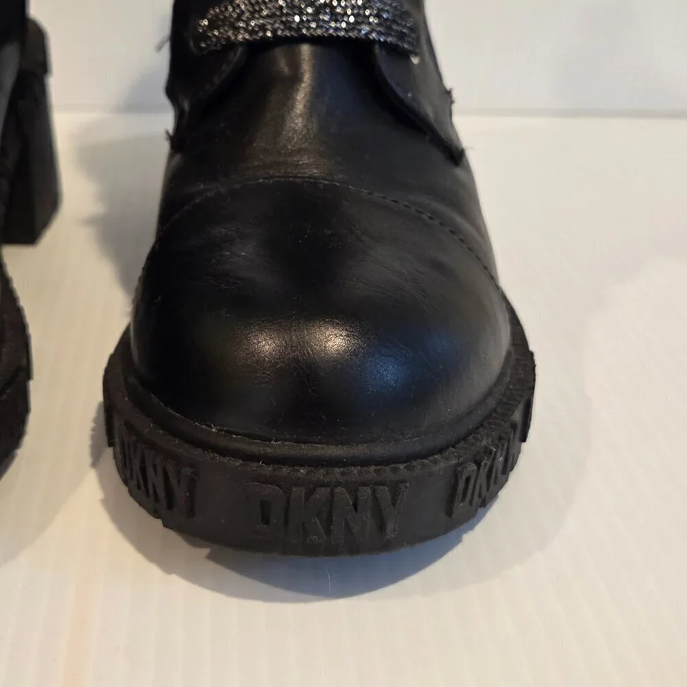 DKNY Girls Haley Block Heel Combat Military Black Boots Size 3 Chunky Heel
